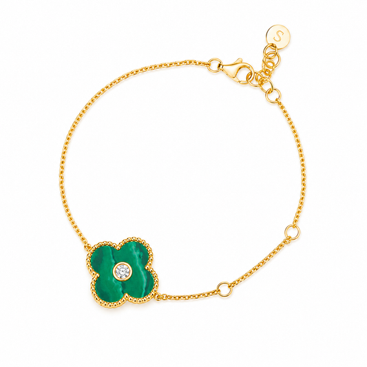 Malachite Diamond Clover Bracelet 14K Gold