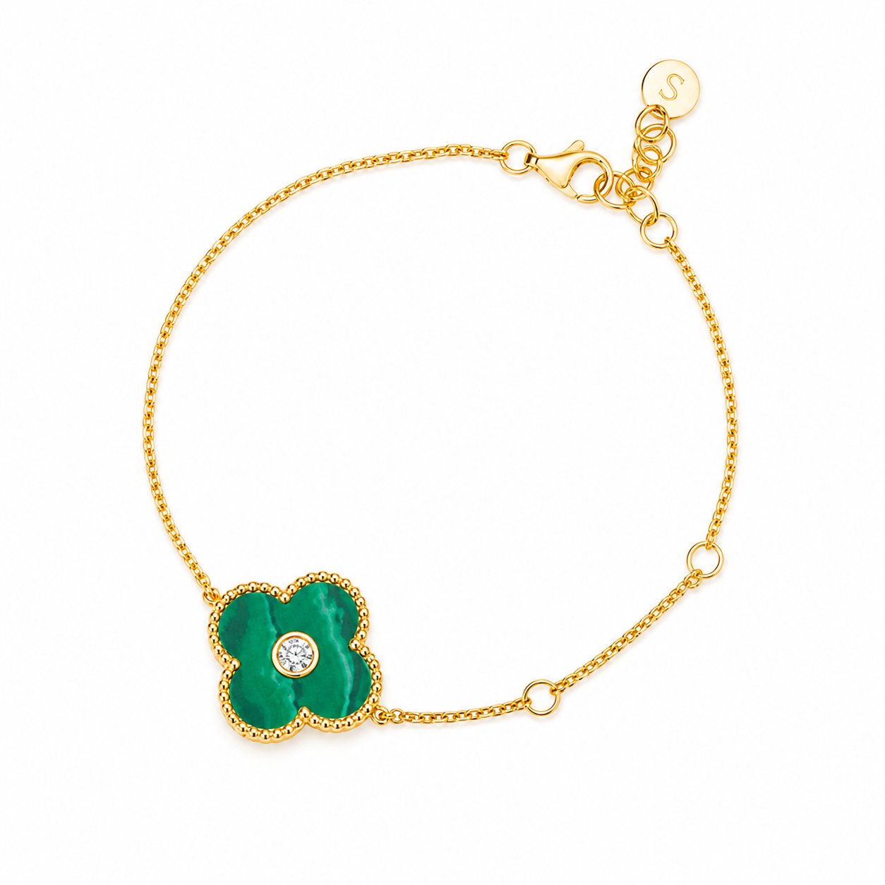Malachite Diamond Clover Bracelet 14K Gold