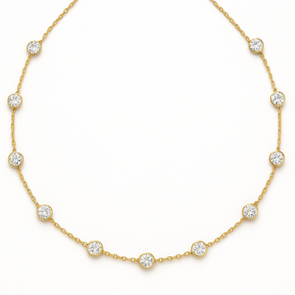 Can u create a yard necklace with 12 round diamonds in yellow gold round the neck on white background for web page it should be round in shape 