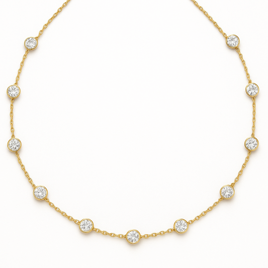 Can u create a yard necklace with 12 round diamonds in yellow gold round the neck on white background for web page it should be round in shape 