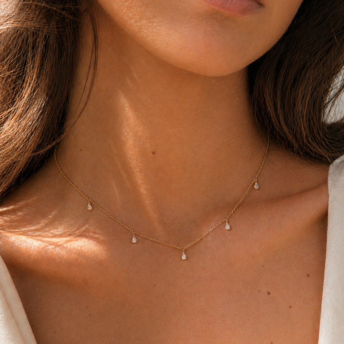 Dangling Pear Diamond Necklace 14K Gold