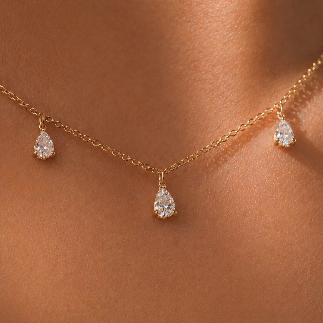Dangling Pear Diamond Necklace 14K Gold